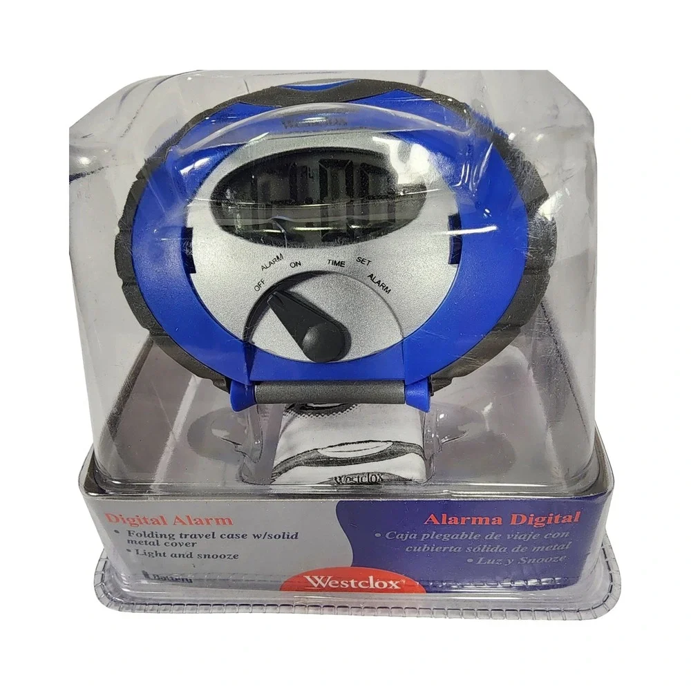 Westclox‎ Trek Folding Travel Digital Alarm Clock Blue Metal Cover Snooze Light